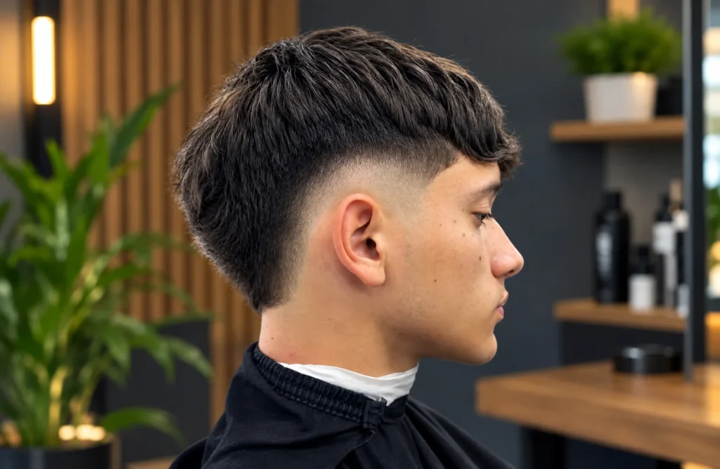 Young man with a textured crop and clean skin fade haircut in a modern barbershop.