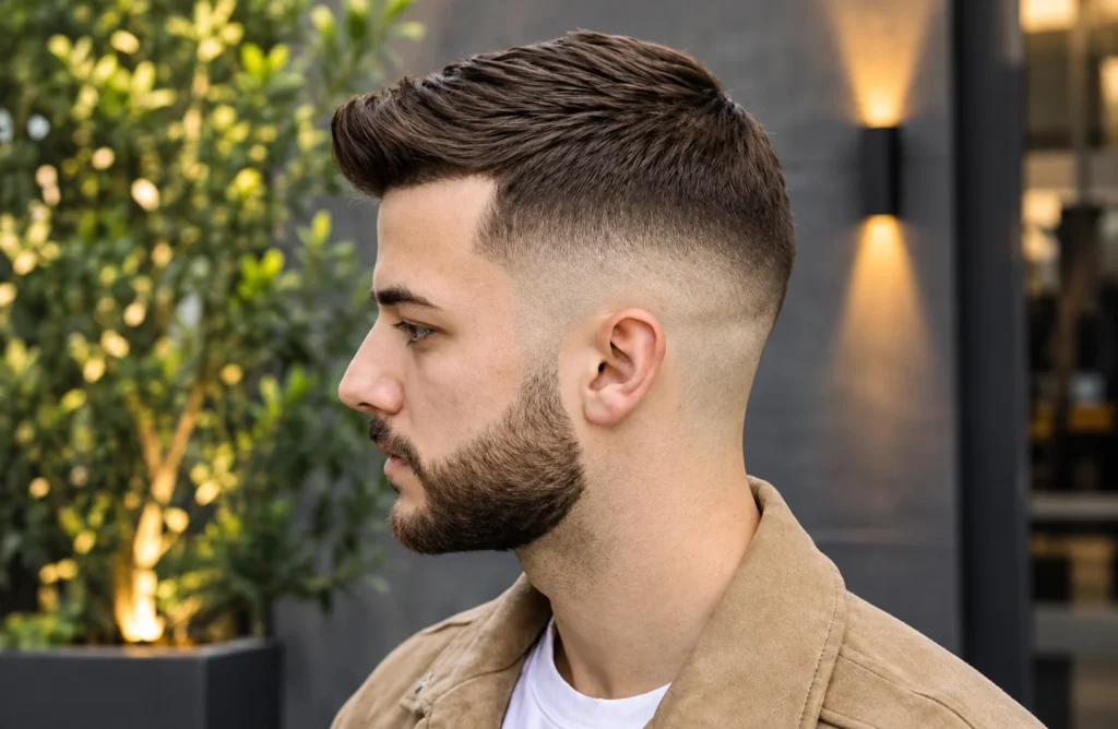 Young man in side profile with a textured quiff hairstyle, clean fade haircut, and full groomed beard, wearing a tan jacket over a white T-shirt against a blurred outdoor background.