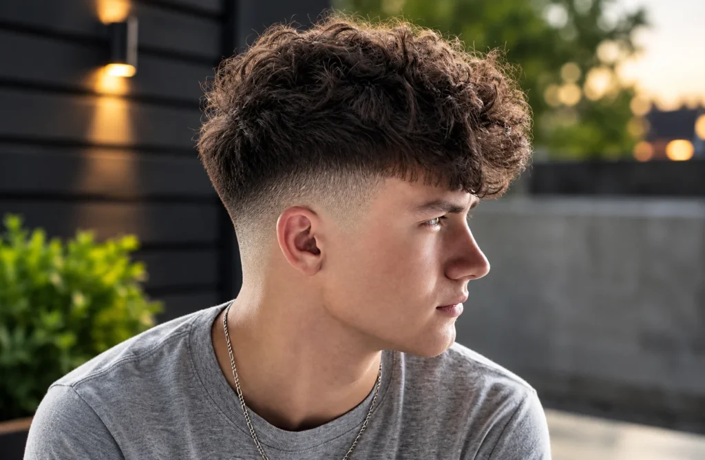 Young man in side profile with thick curly hair and a clean skin fade haircut, wearing a gray T-shirt and silver chain against a blurred outdoor background.