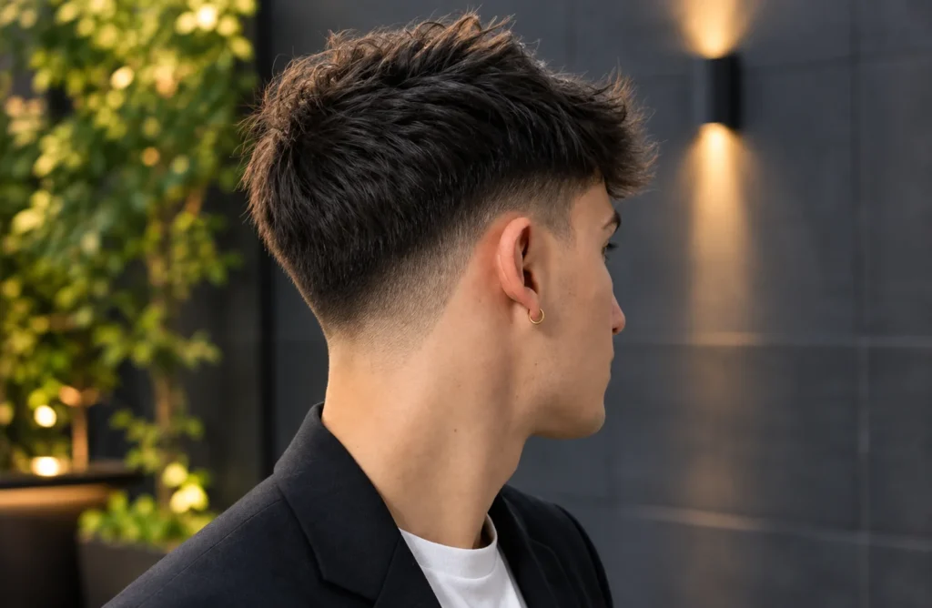 Young man shown in side profile with textured dark hair and a clean low drop fade haircut, wearing a black jacket and white shirt with a gold hoop earring.