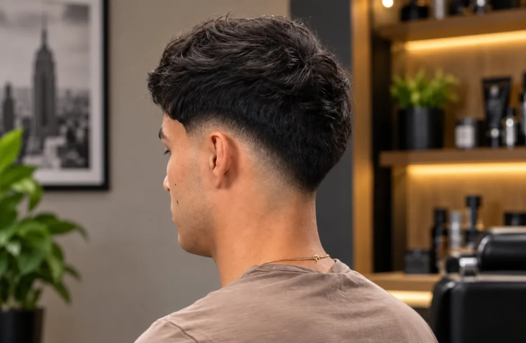 Textured low fade haircut with voluminous dark hair, viewed from the back in a modern barbershop.