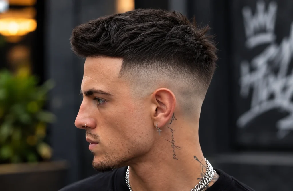 Young man in side profile with textured dark hair and a stylish high skin fade haircut, wearing a black shirt and silver chains in a modern barbershop setting.