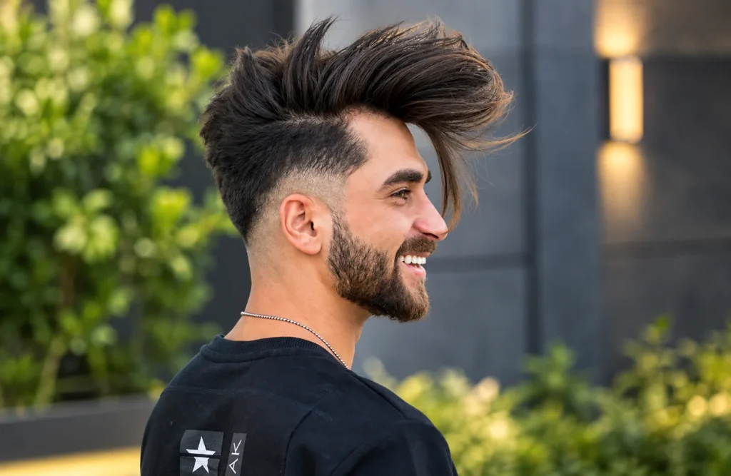 Man with long textured hair and a low fade haircut, styled with a full beard.