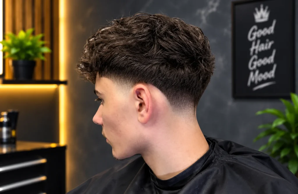 Young man with textured fluffy hair and a stylish low taper fade haircut in a modern barbershop.