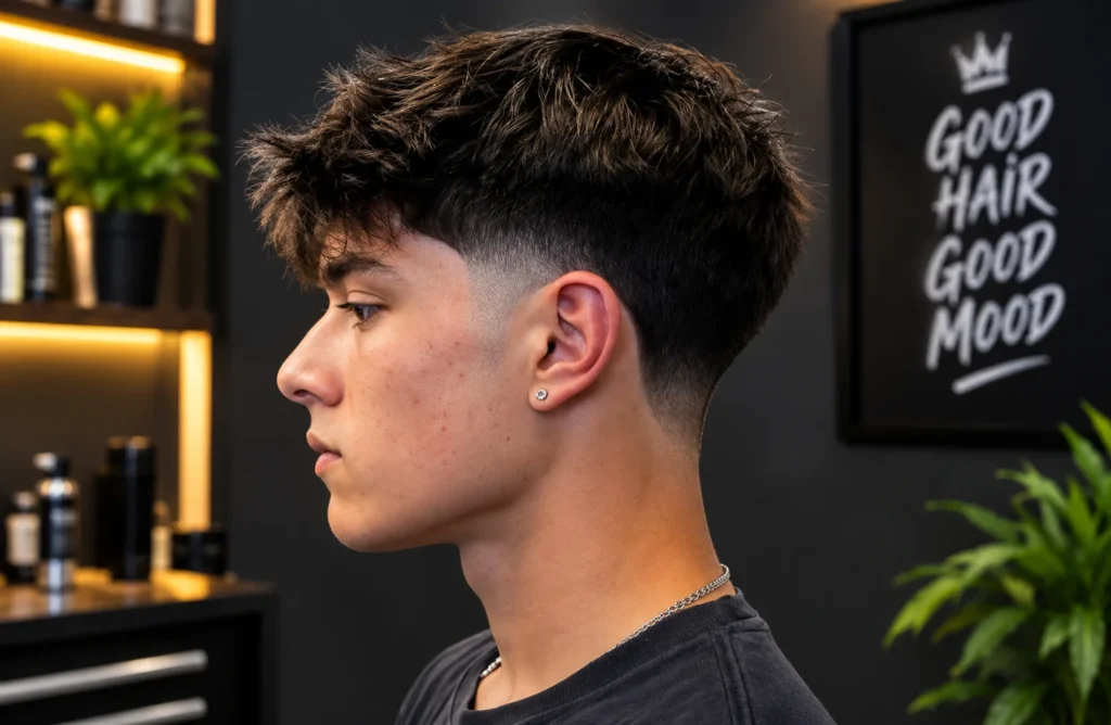 Young man in side profile with textured messy hair and a clean fade haircut, wearing a black shirt and silver chain in a modern barbershop.