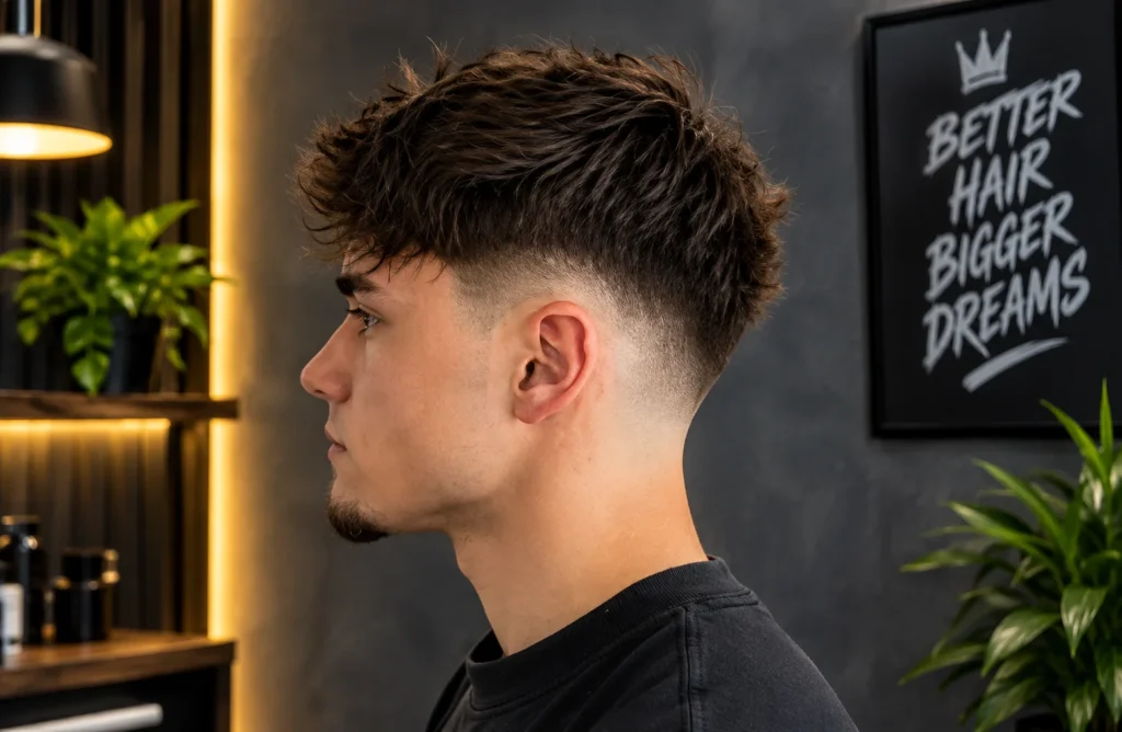 Young man in side profile with textured fluffy hair and a clean low taper fade haircut in a stylish modern barbershop.