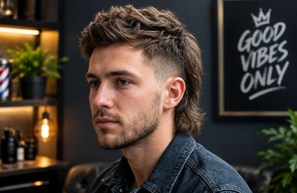 Young man with textured modern mullet haircut, light stubble, and dark denim jacket in a stylish modern barbershop setting.