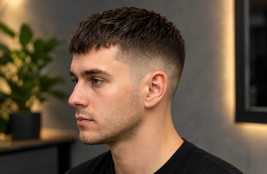 Young man with short textured hair and a clean fade haircut in a modern barbershop.