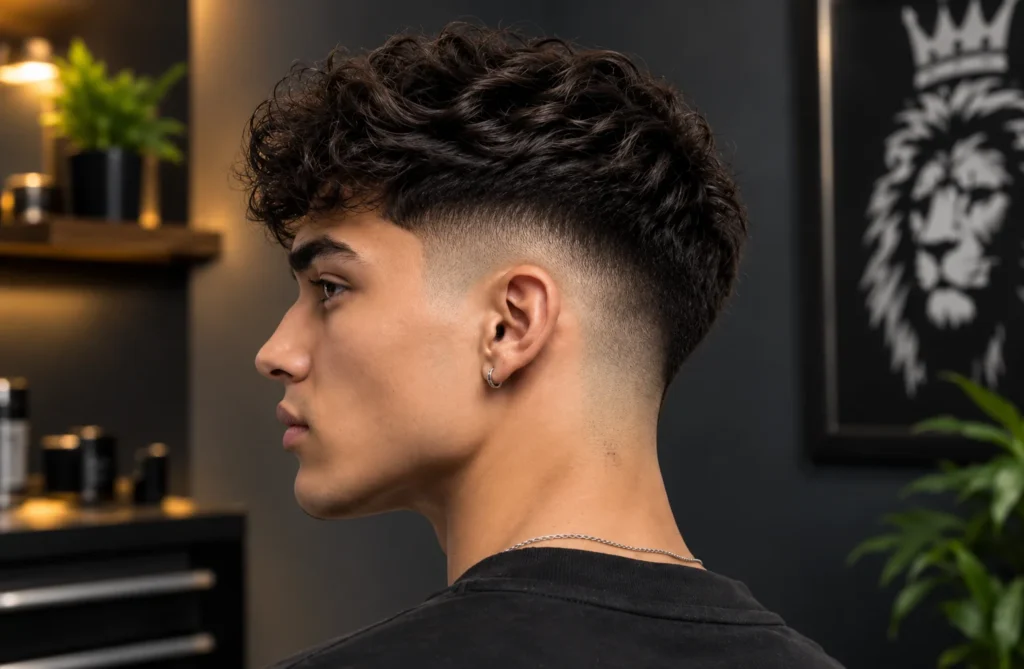 Young man in side profile with curly textured hair and a clean high fade haircut, wearing a black shirt and small hoop earring in a modern barbershop setting.