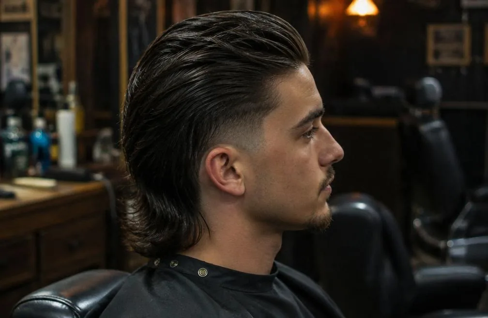 14. Slick Back Mullet Low Taper Fade